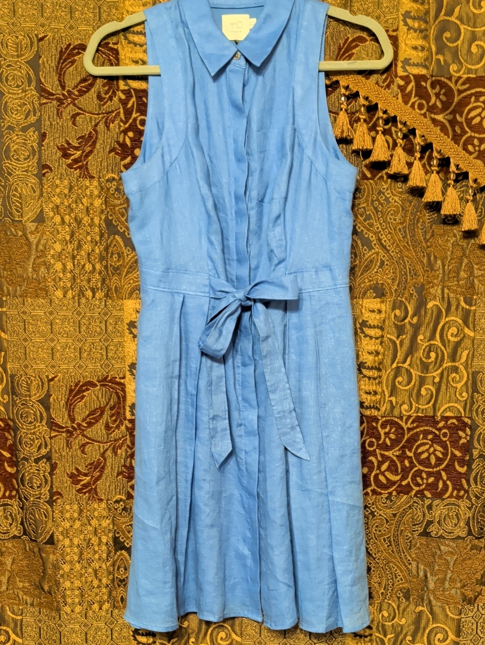 HD in Paris Light Blue Sleeveless Collared Midi Dress with Waist Tie